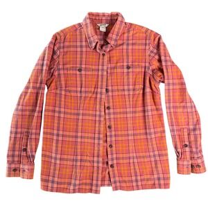 Duluth Trading Co Women Small Pink Orange Plaid Flannel Button Down Shirt Cotton